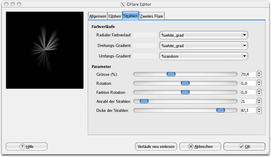 Eigenschaften im Reiter Strahlen für den GFlare-Editor